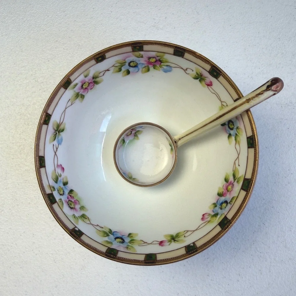 Nippon Antique Hand Painted Floral Porcelain Footed Bowl and Ladle Set 5.5